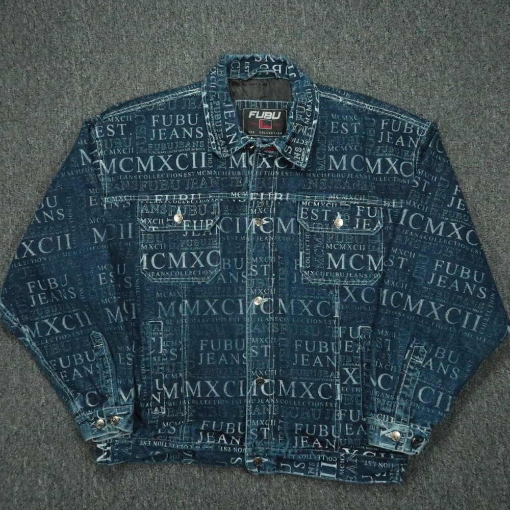 VINTAGE FUBU Jacket Mens XXL Blue The Collection MXCII Denim Button Spellout AOP